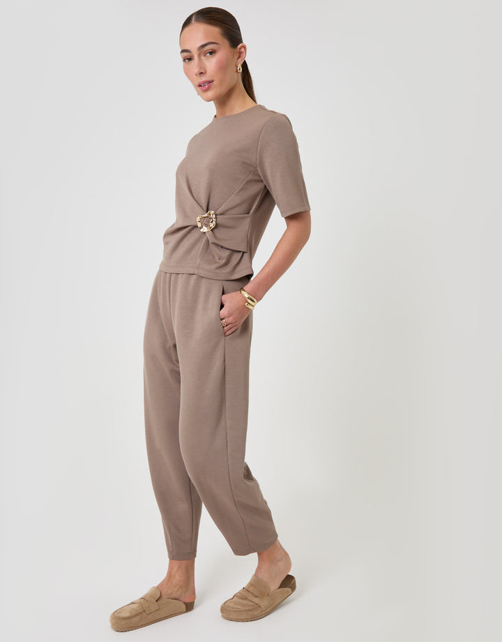 Threadbare Relaxed Fit Knot Detail Top & Barrel Leg Trousers Set in Mink Brown - full body