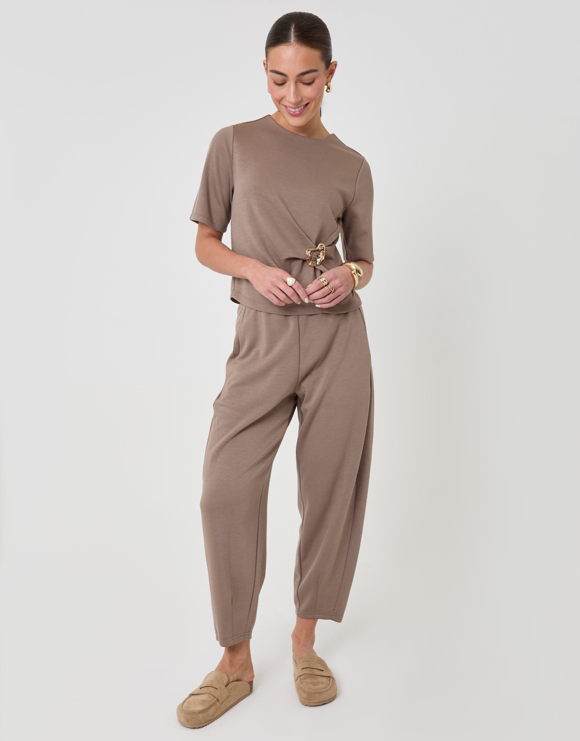 Relaxed Fit Knot Detail Top & Barrel Leg Trousers Set in Mink Brown
