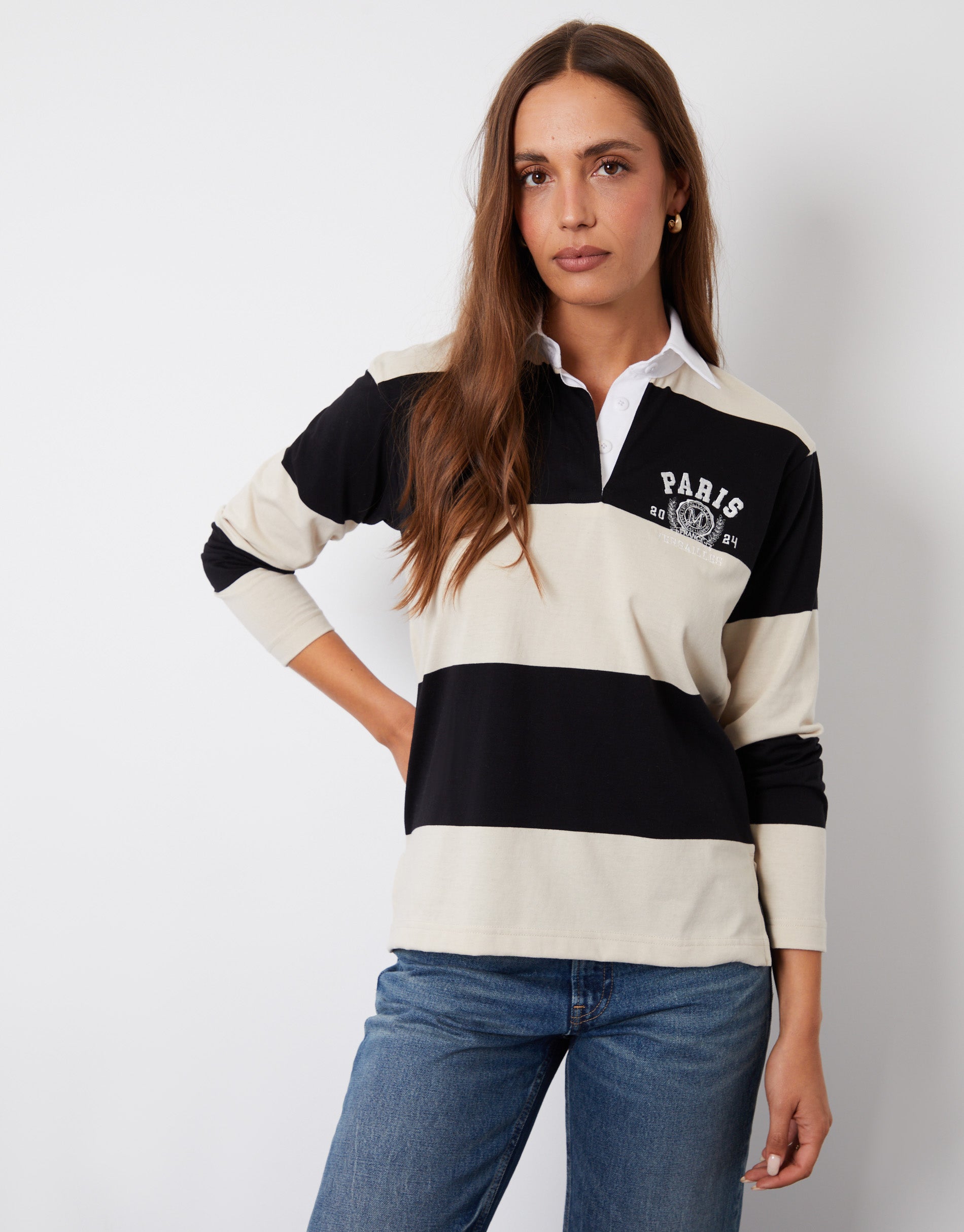 Threadbare Women's Black & Cream Stripe Paris Embroidery Rugby Shirt