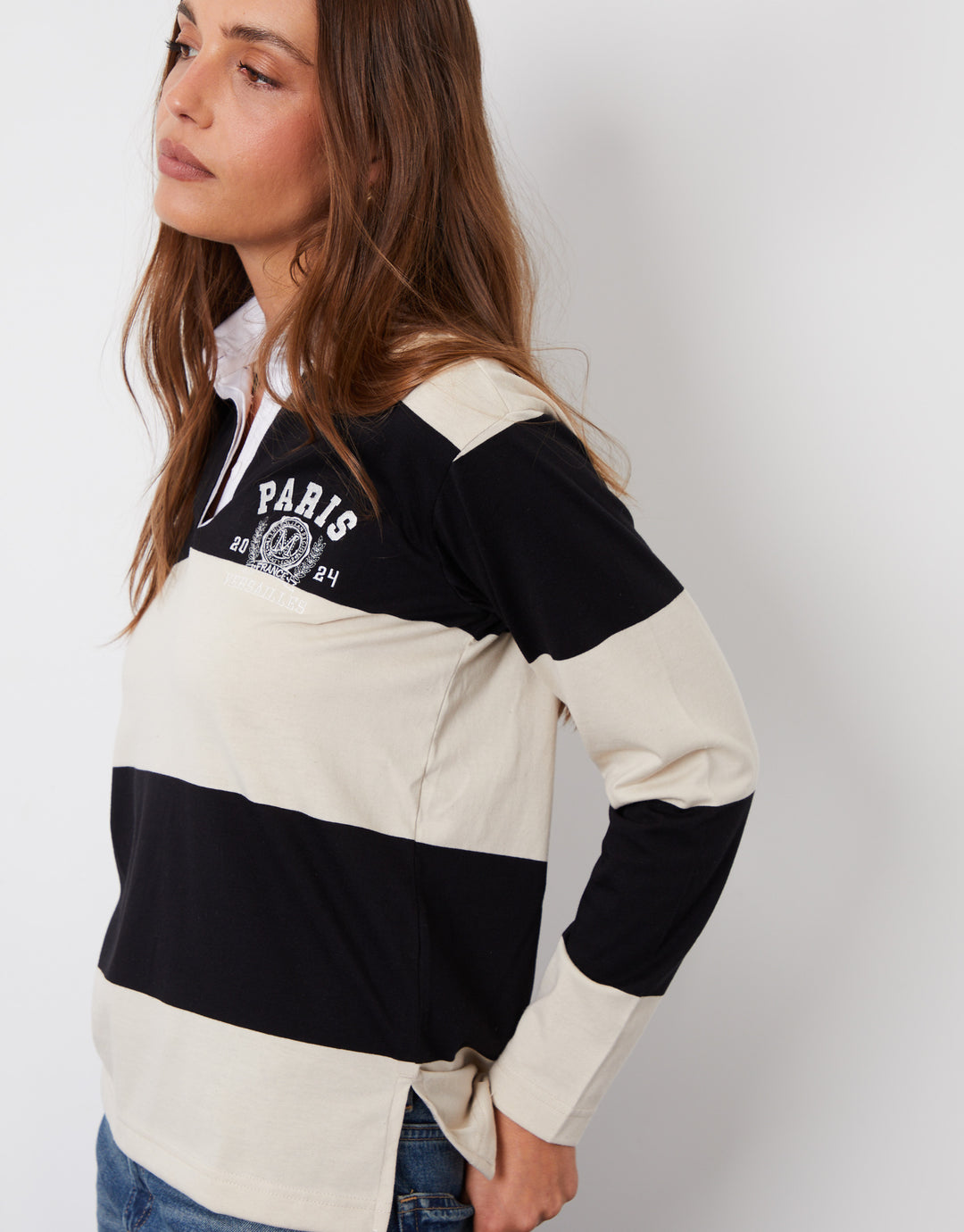 Black & Cream Stripe Paris Embroidery Rugby Shirt