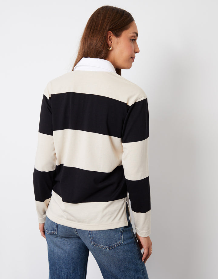 Black & Cream Stripe Paris Embroidery Rugby Shirt