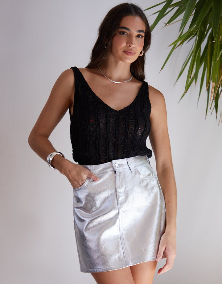 Silver Metallic Denim Mini Skirt