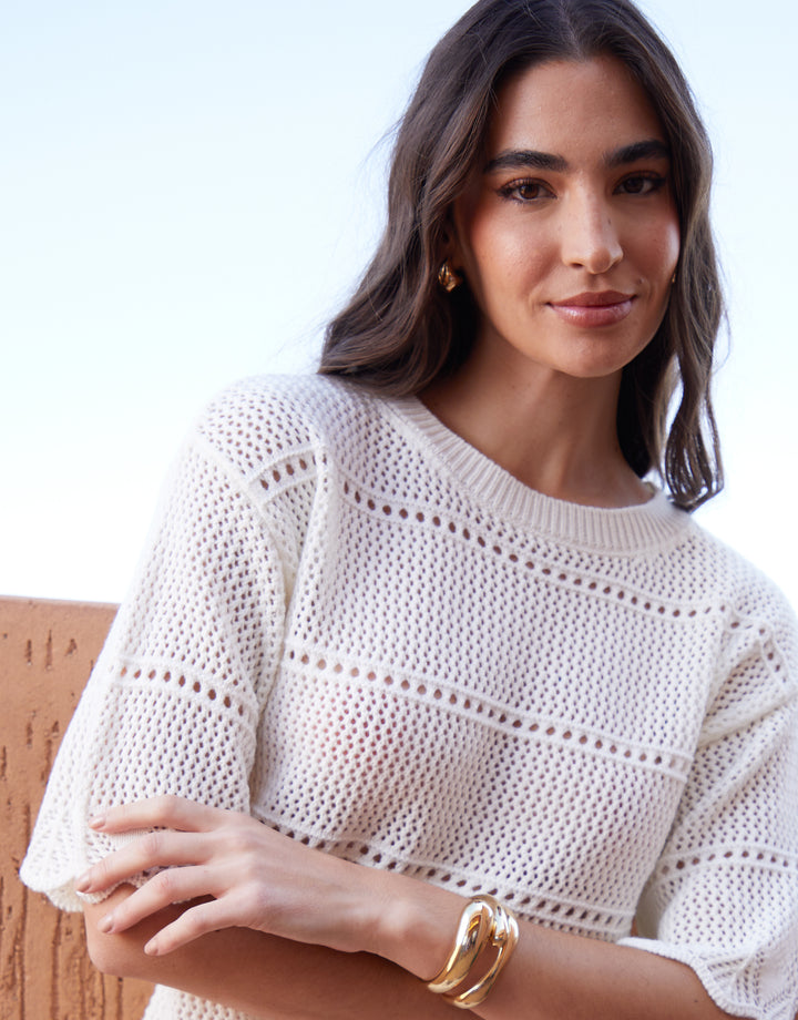 Cream Pointelle Crochet Short Sleeve Jumper