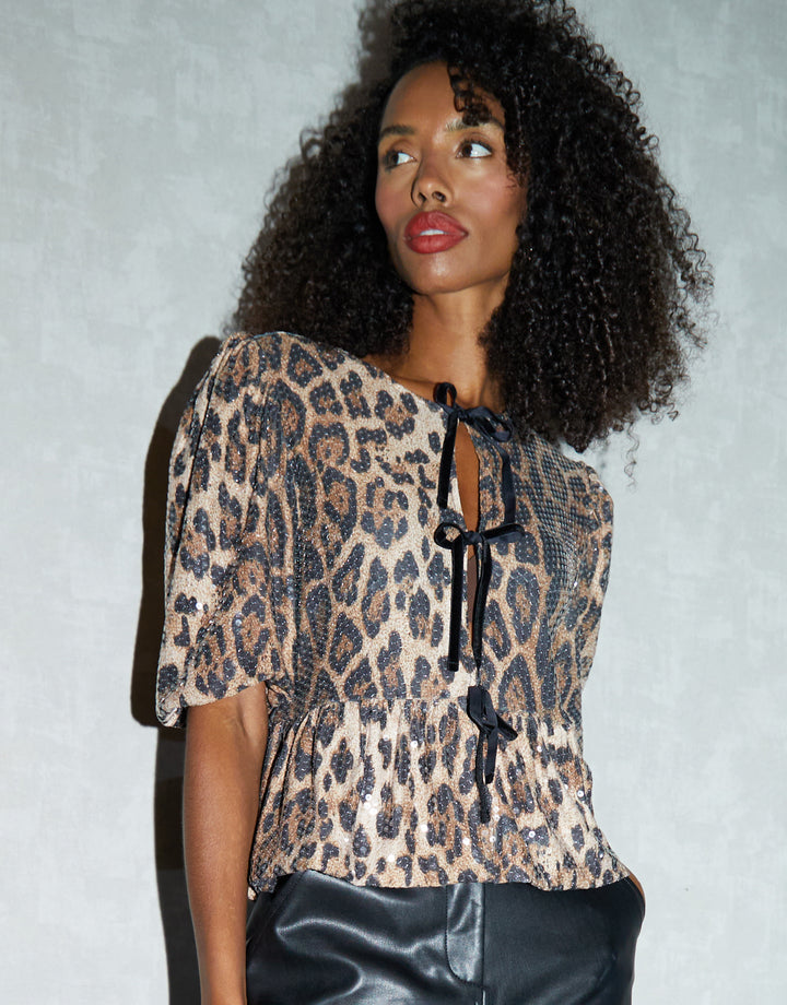 Leopard Print Sequin Tie Front Smock Blouse
