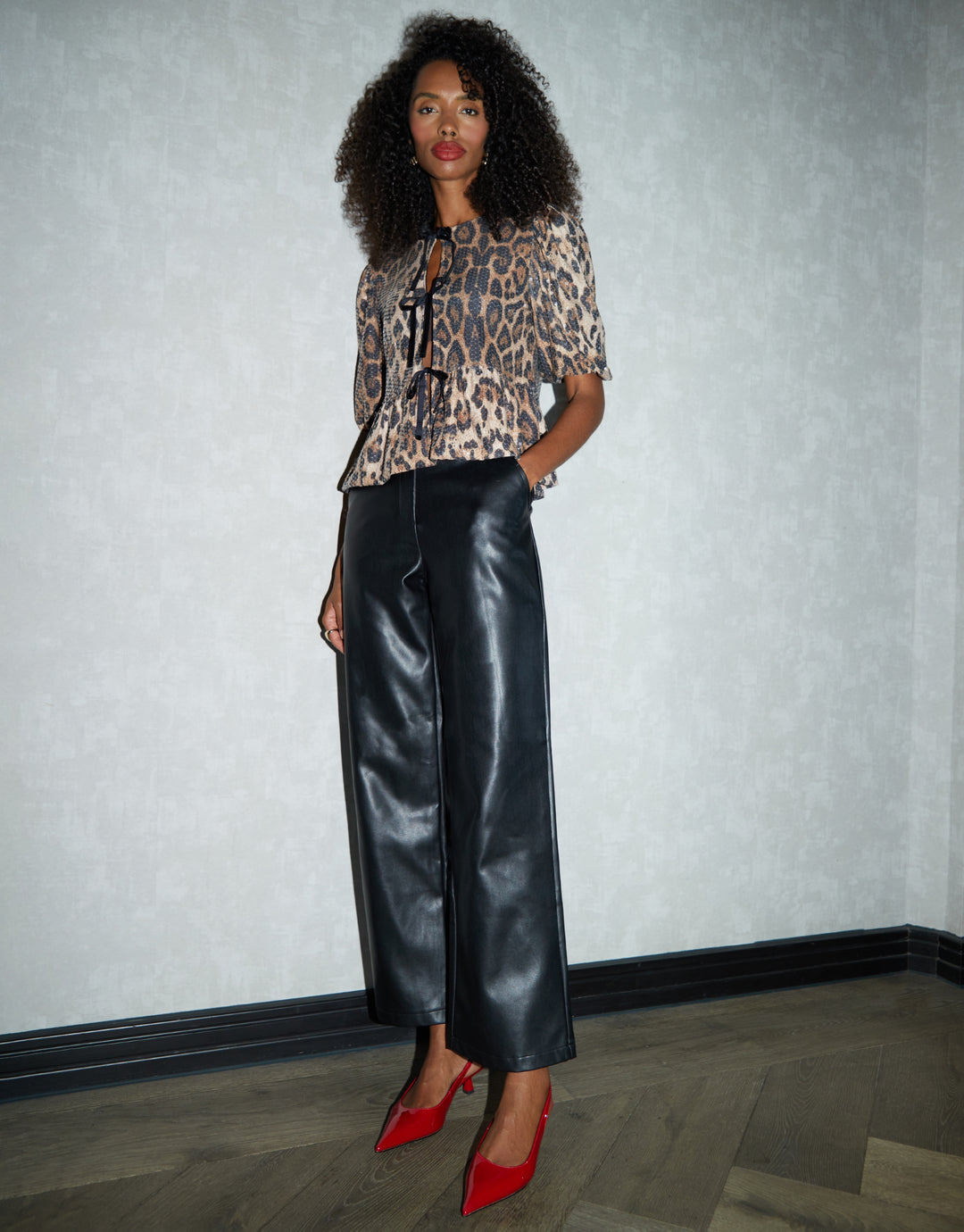 Leopard Print Sequin Tie Front Smock Blouse