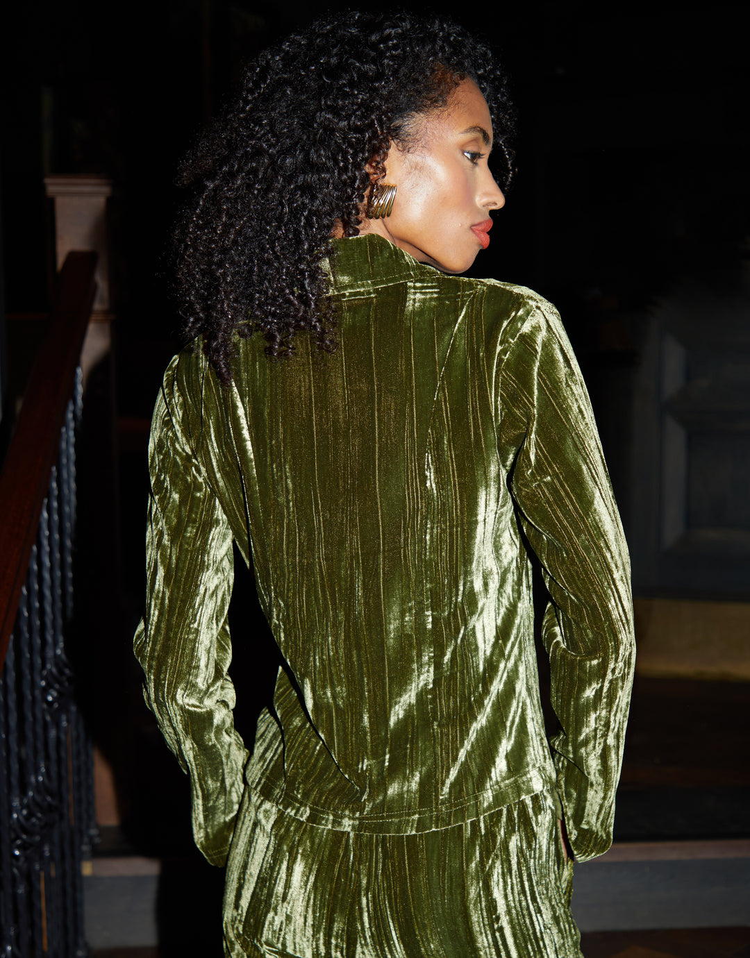 Green Crinkle Velvet Tie Front Shirt