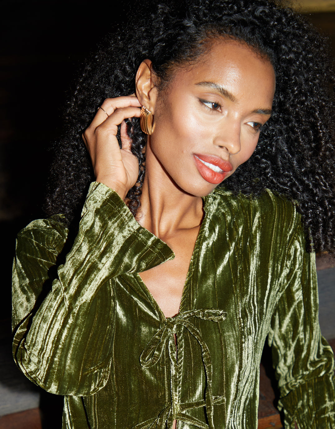 Green Crinkle Velvet Tie Front Shirt