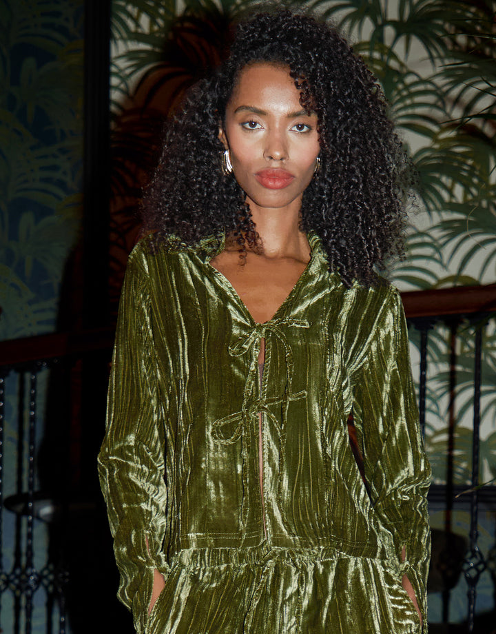 Green Crinkle Velvet Tie Front Shirt