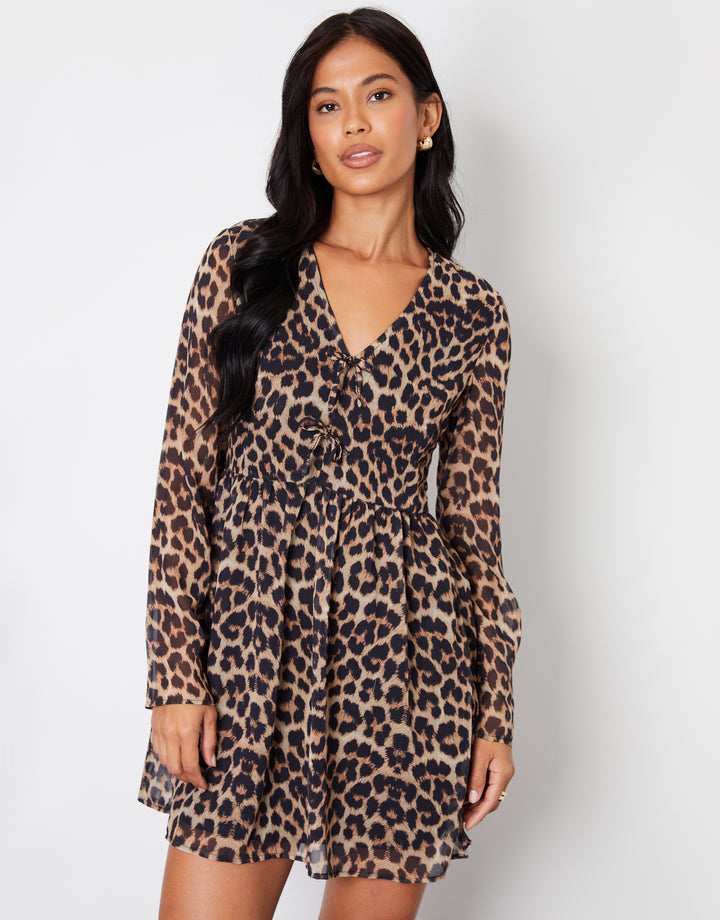Leopard Print Flared Chiffon Mini Dress