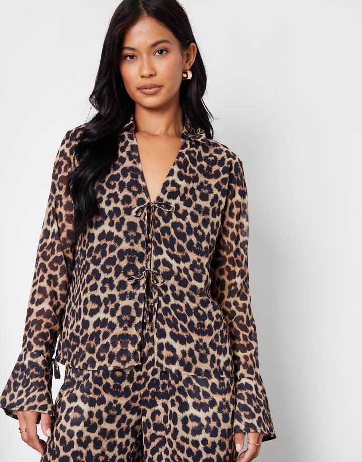 Leopard Print Chiffon Tie Front Blouse