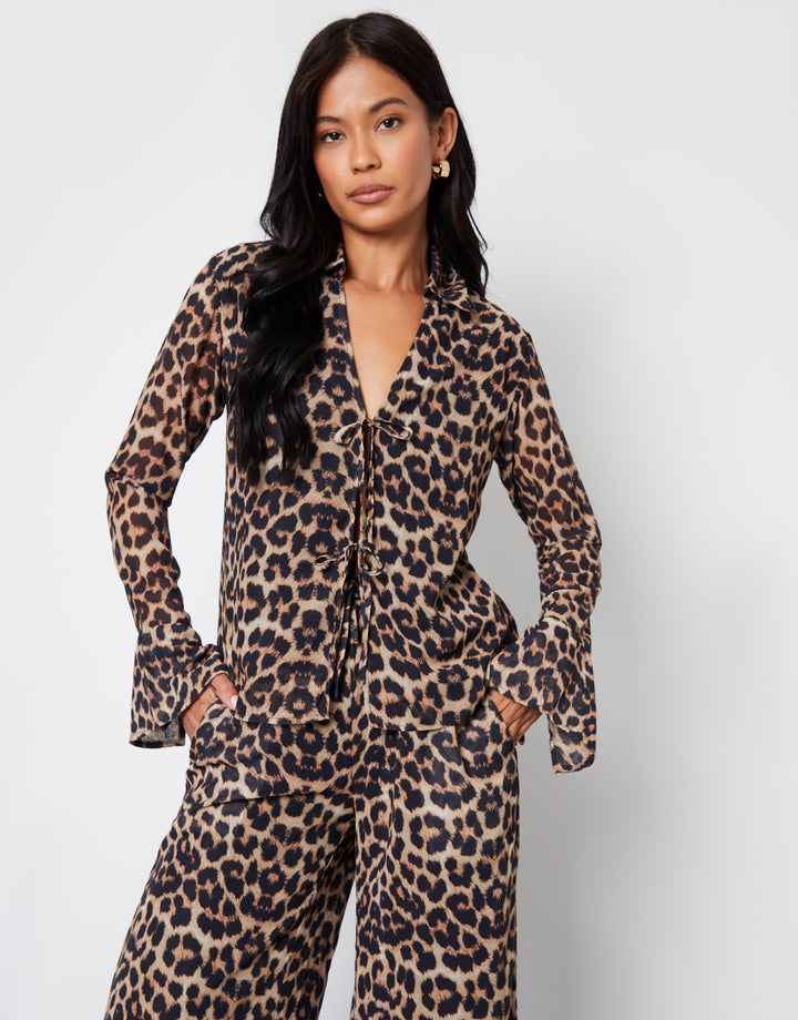 Leopard Print Chiffon Tie Front Blouse