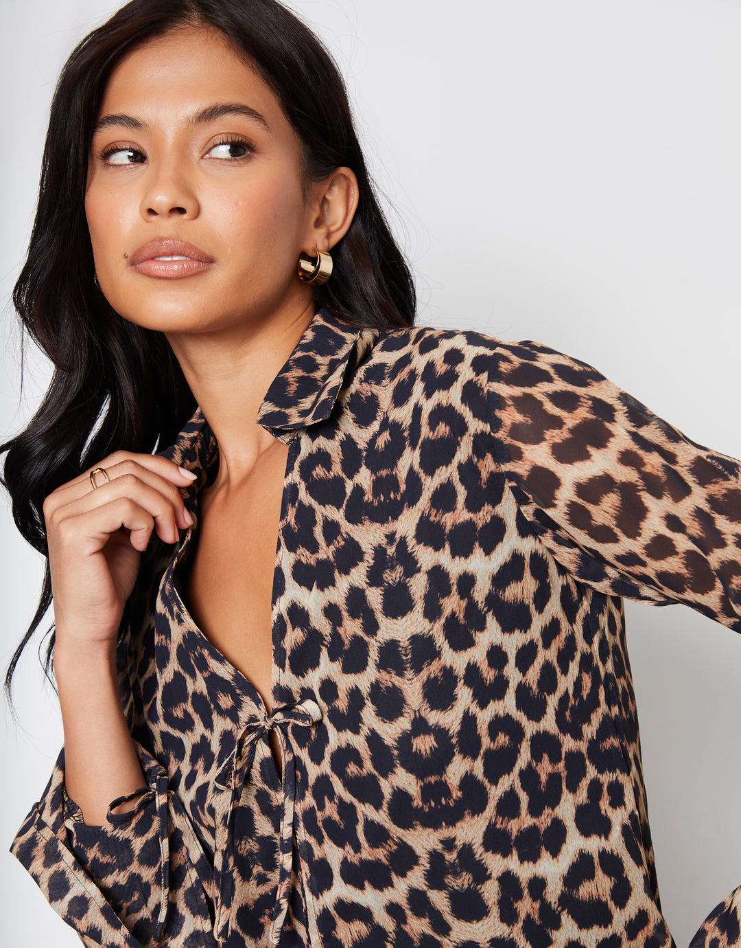 Leopard Print Chiffon Tie Front Blouse