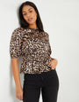 Leopard Print Puff Sleeve Satin Smock Blouse