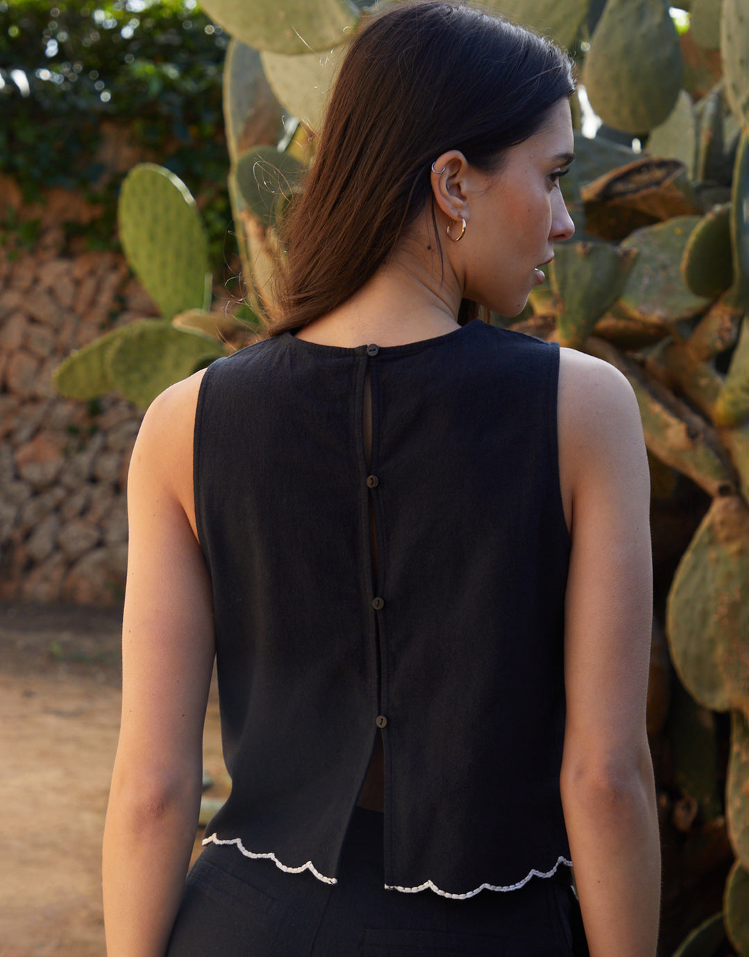 Black Cornelli Embroidered Button Back Shell Top