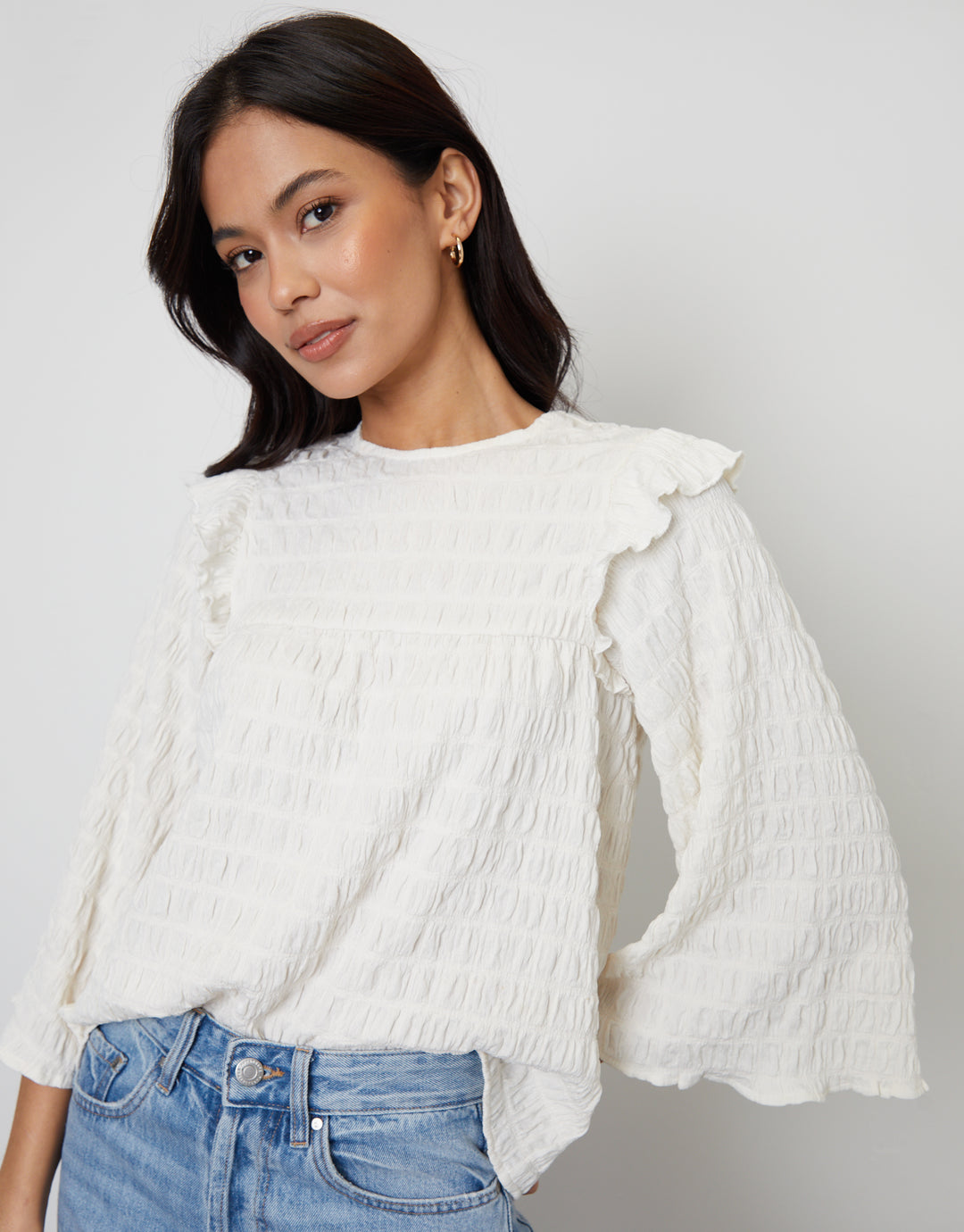 Textured Jersey Frill Shoulder Boho Top in White