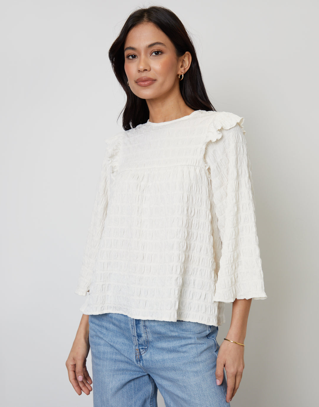 Textured Jersey Frill Shoulder Boho Top in White