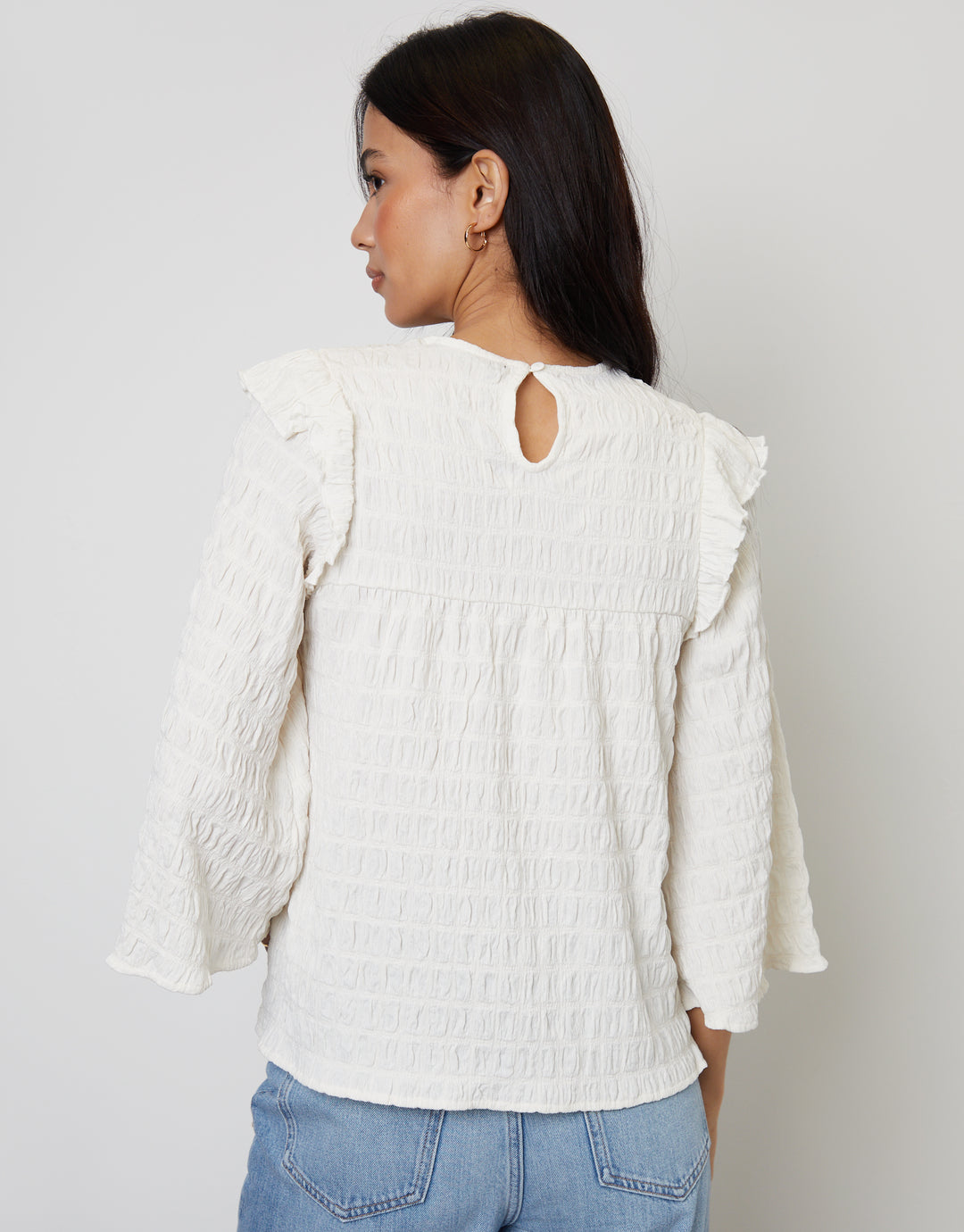 Textured Jersey Frill Shoulder Boho Top in White