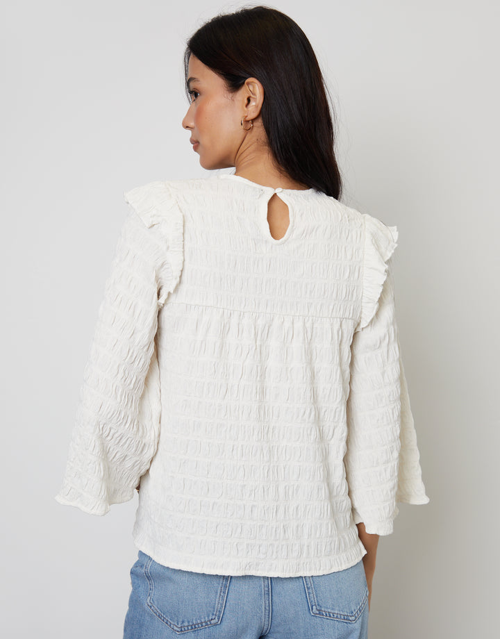 Textured Jersey Frill Shoulder Boho Top in White