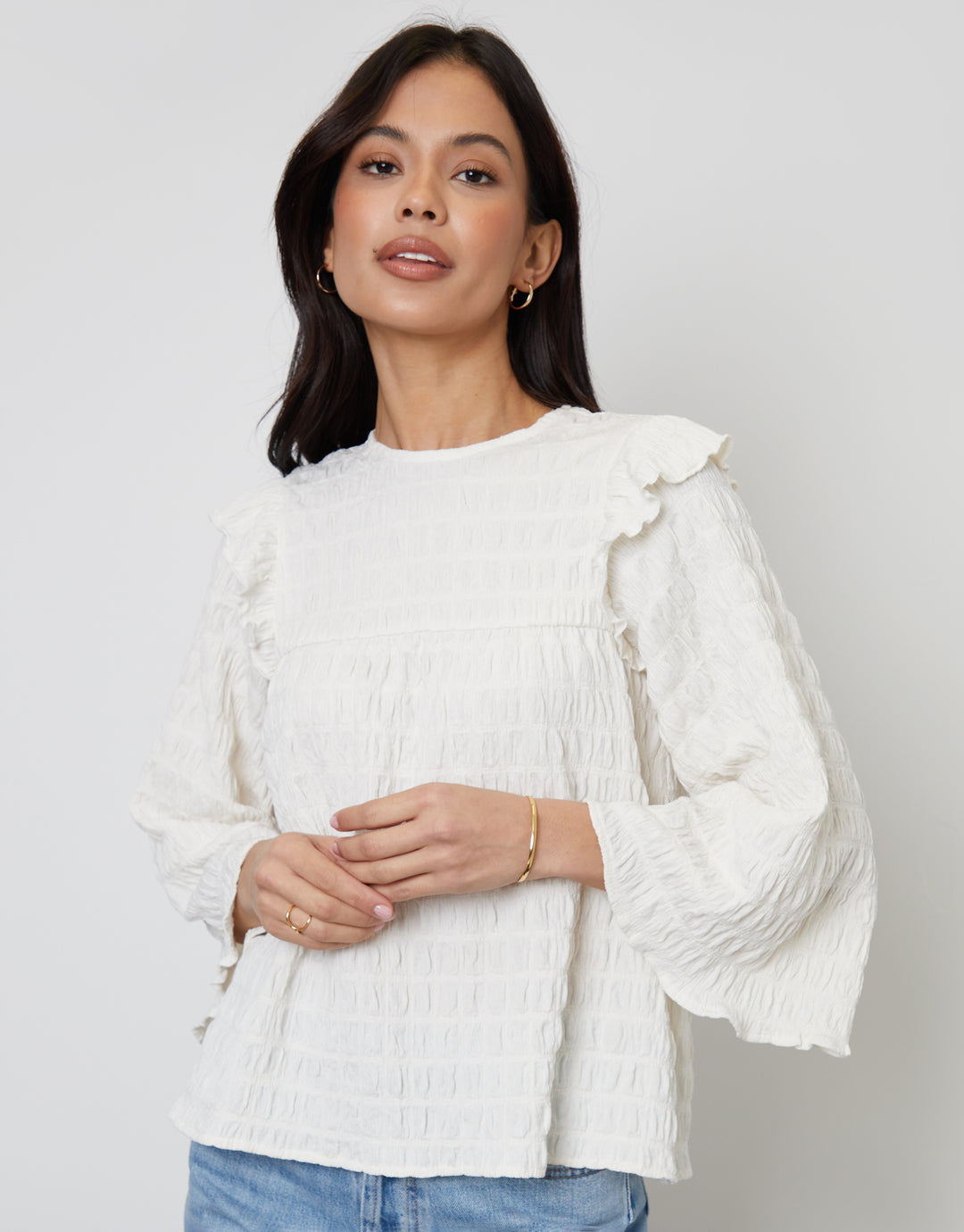 Textured Jersey Frill Shoulder Boho Top in White