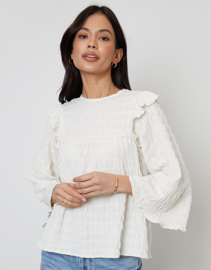 Textured Jersey Frill Shoulder Boho Top in White