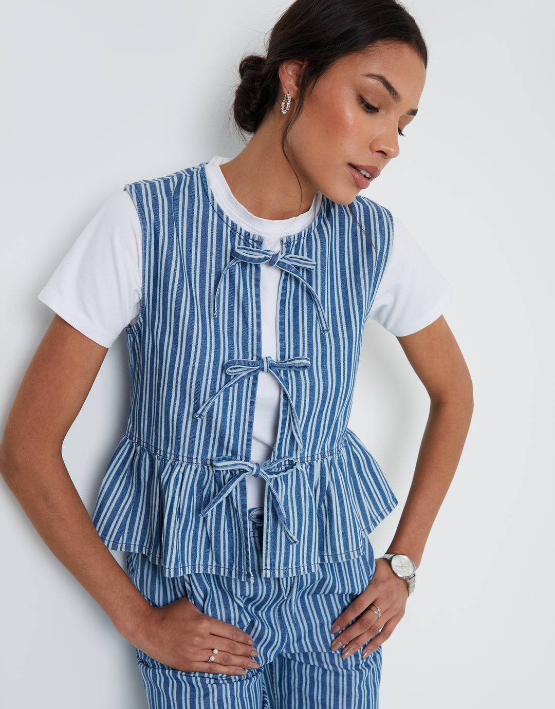 Tie Front Denim Waistcoat in Mid Wash Stripe