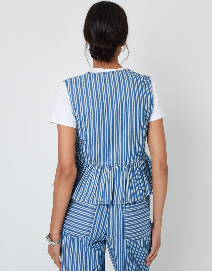 Tie Front Denim Waistcoat in Mid Wash Stripe