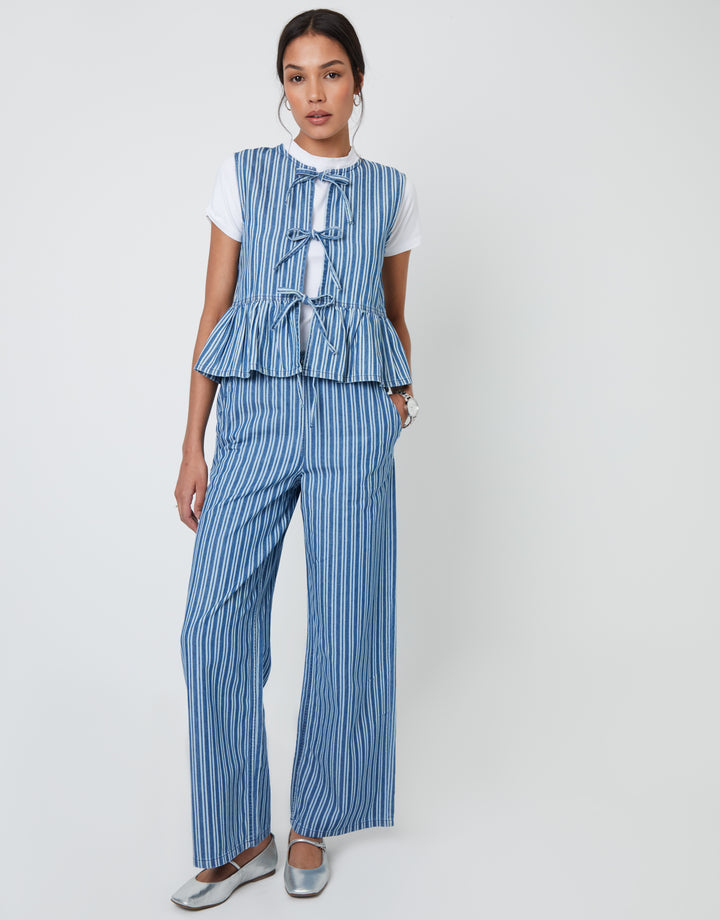 Tie Front Denim Waistcoat in Mid Wash Stripe