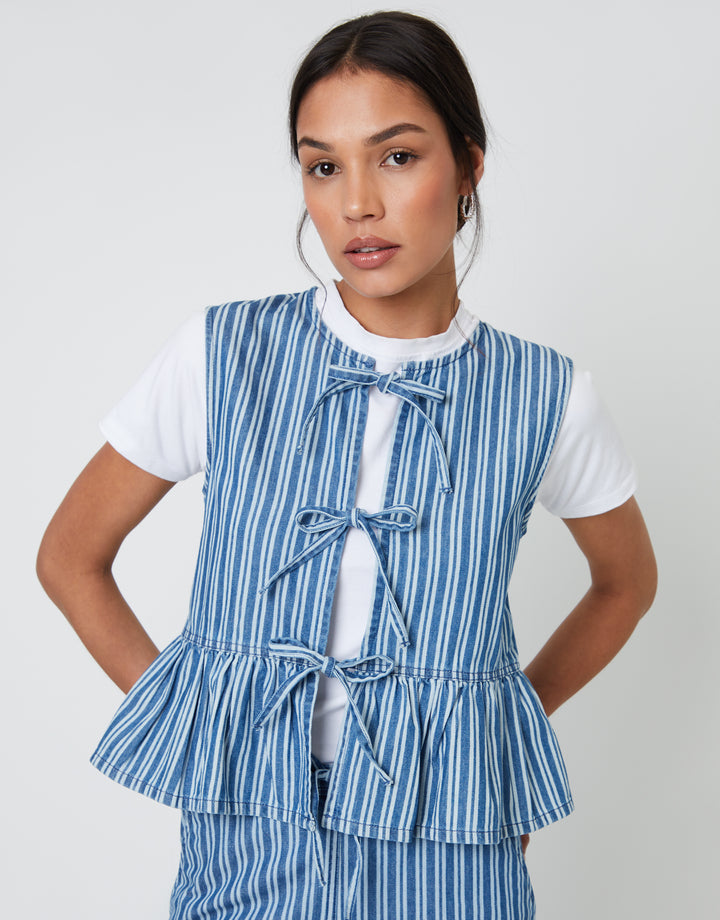 Tie Front Denim Waistcoat in Mid Wash Stripe