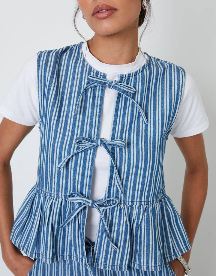 Tie Front Denim Waistcoat in Mid Wash Stripe