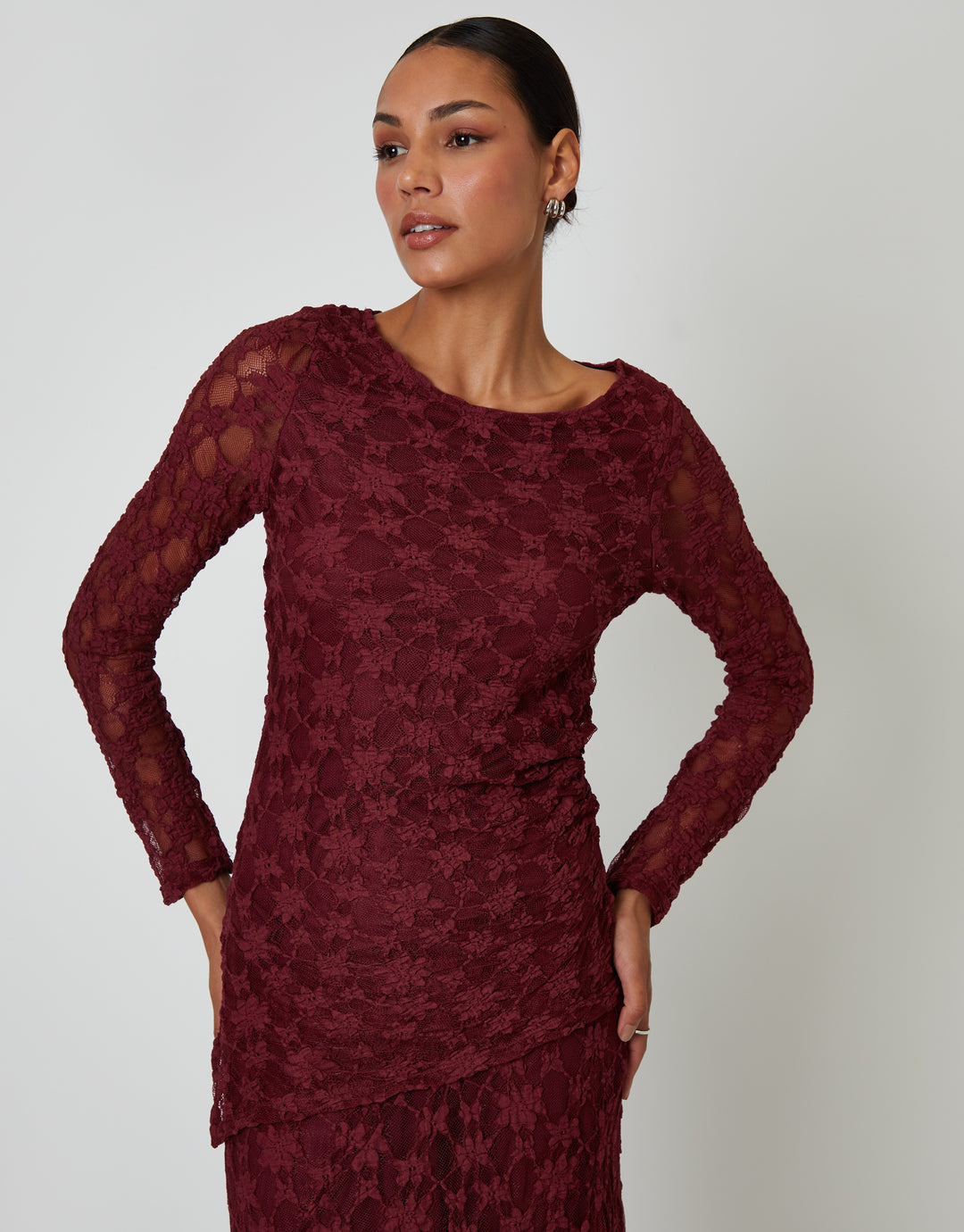 Berry Red Long Sleeve Asymmetric Lace Slash Neck Top