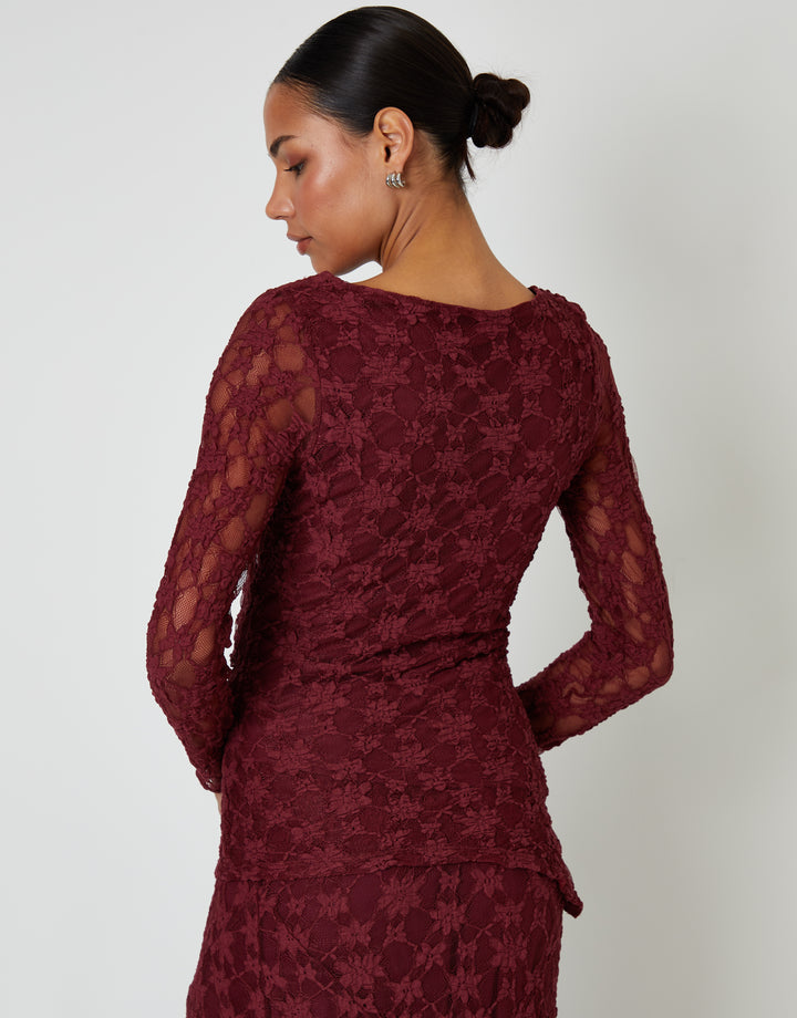 Berry Red Long Sleeve Asymmetric Lace Slash Neck Top