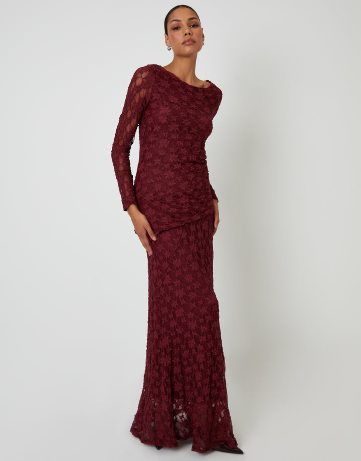 Berry Red Long Sleeve Asymmetric Lace Slash Neck Top