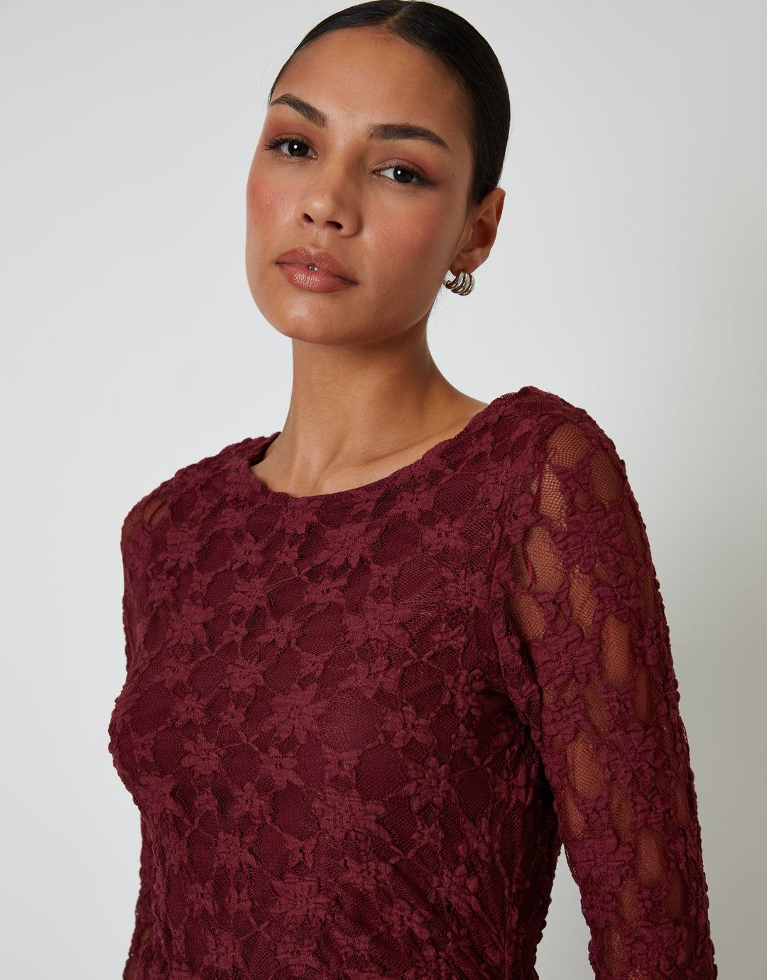 Berry Red Long Sleeve Asymmetric Lace Slash Neck Top
