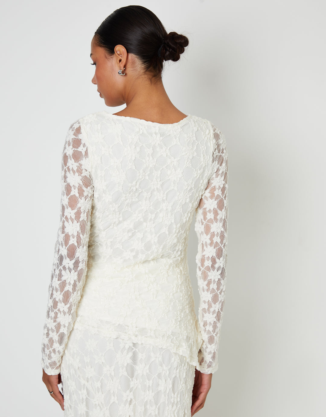 White Long Sleeve Asymmetric Lace Slash Neck Top