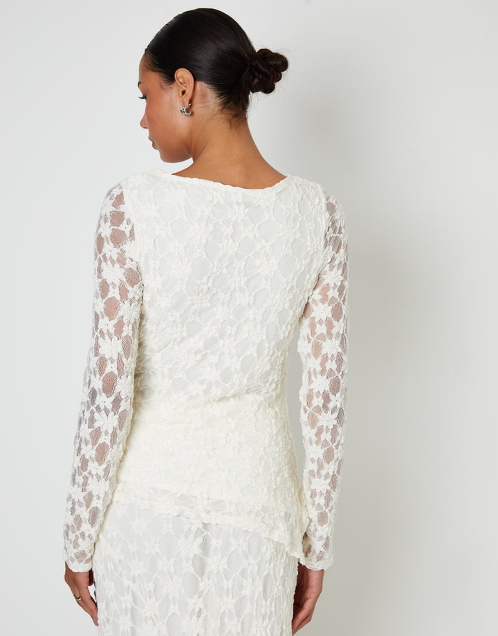 White Long Sleeve Asymmetric Lace Slash Neck Top
