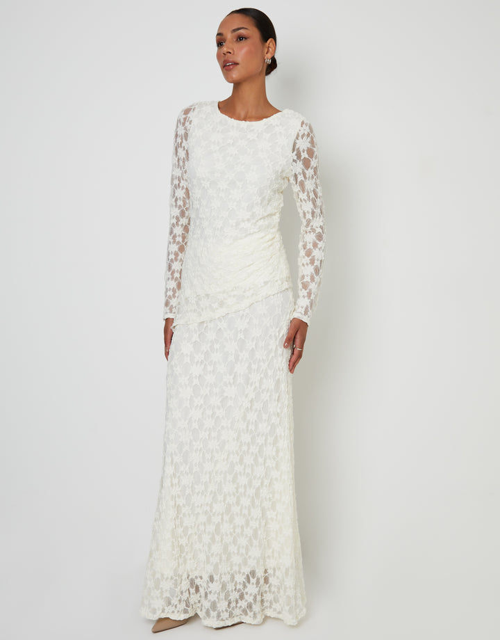 White Long Sleeve Asymmetric Lace Slash Neck Top