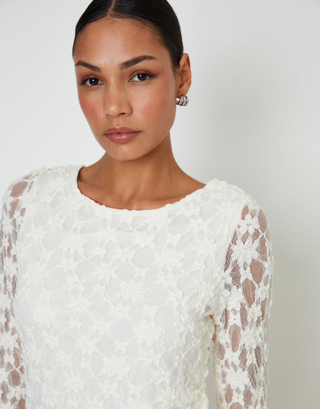 White Long Sleeve Asymmetric Lace Slash Neck Top