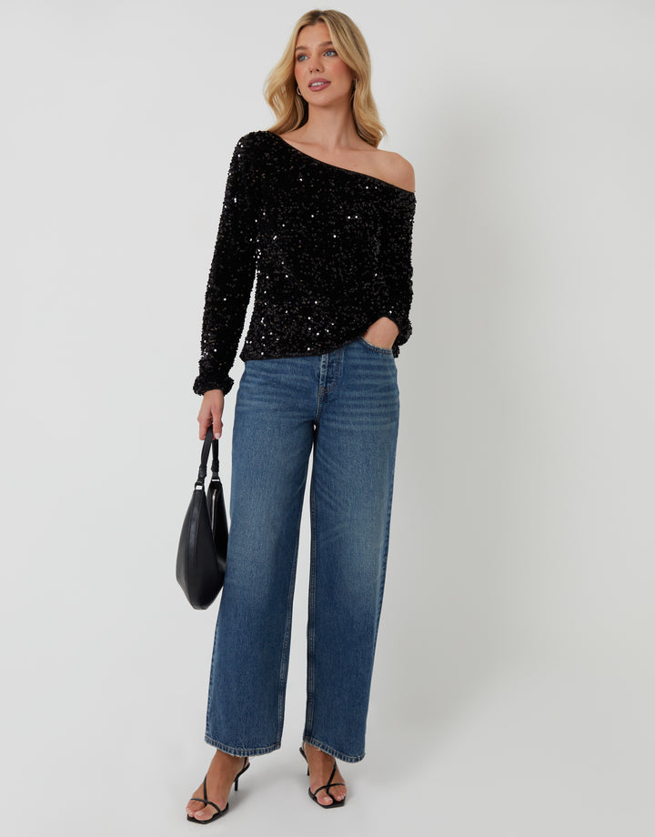 Black Sequin Velour Long Sleeve Slash Neck Top