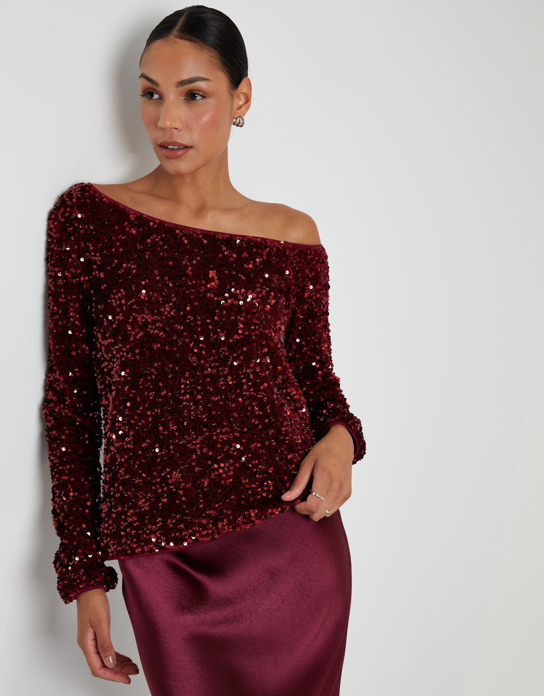 Berry Red Sequin Velour Long Sleeve Slash Neck Top