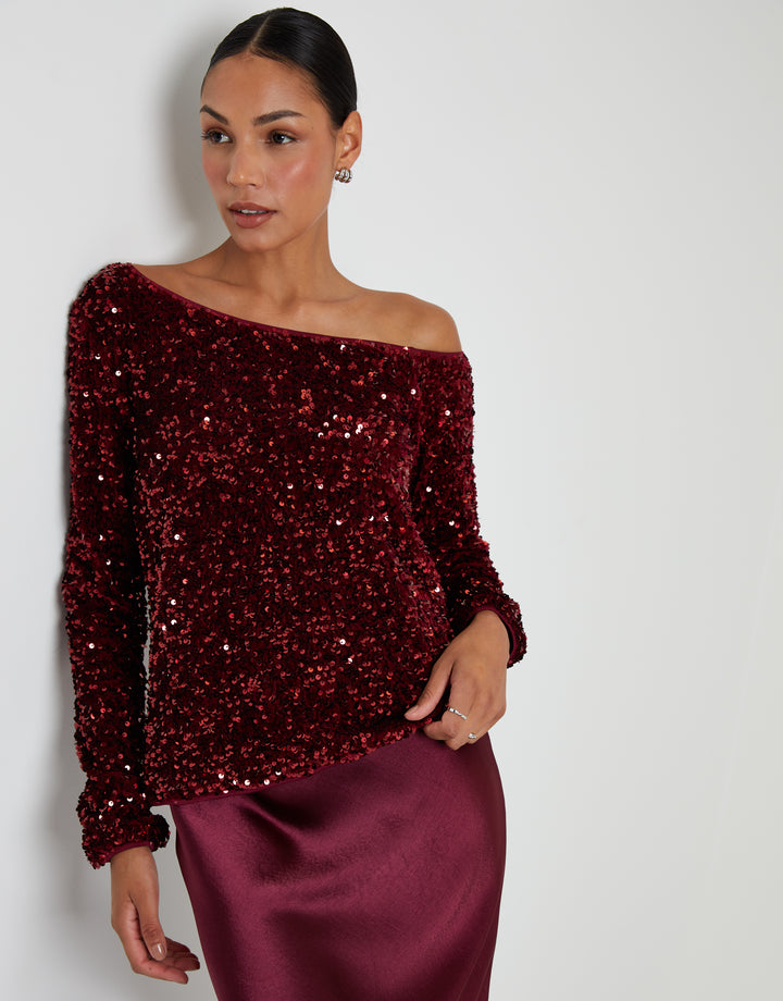 Berry Red Sequin Velour Long Sleeve Slash Neck Top