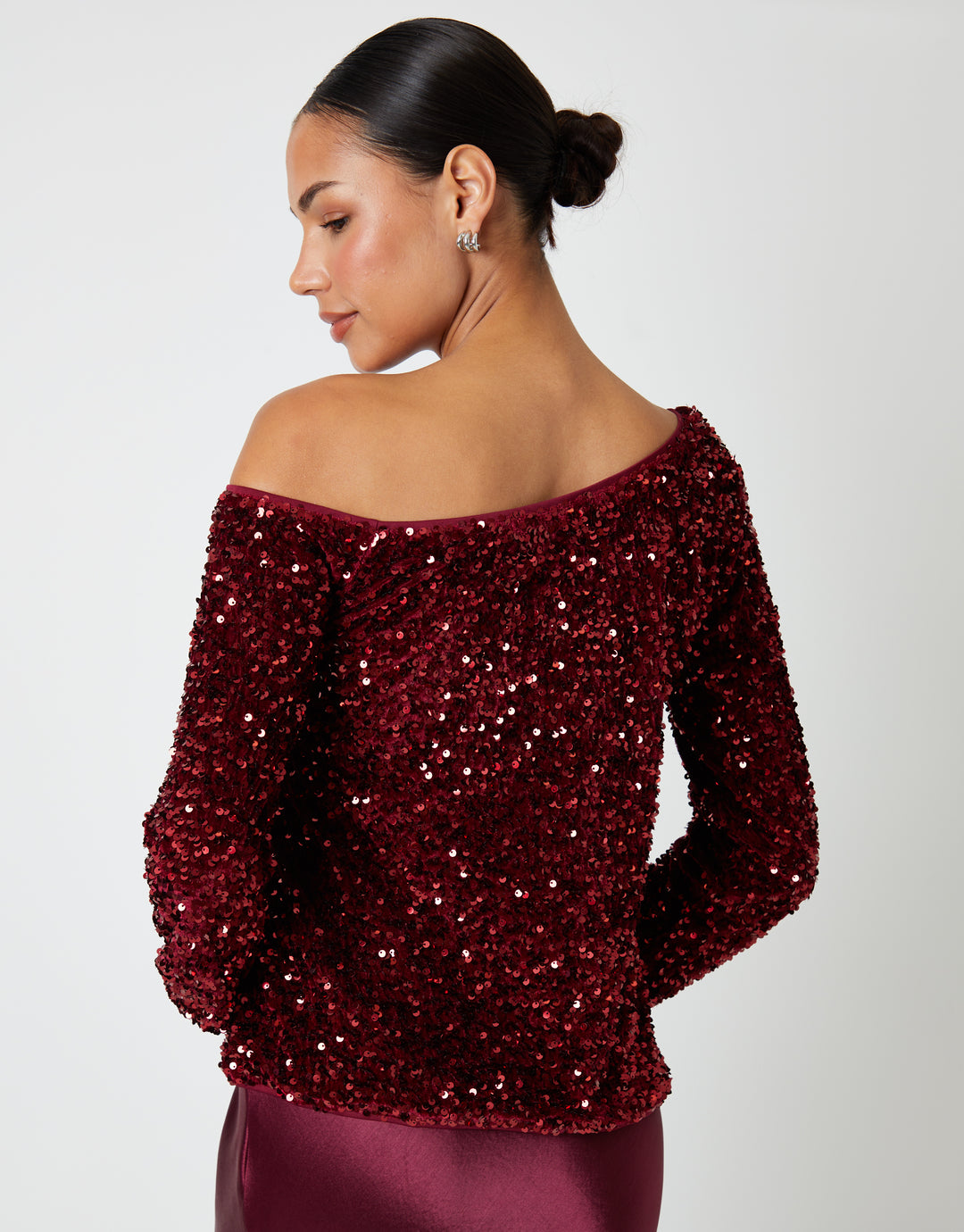 Berry Red Sequin Velour Long Sleeve Slash Neck Top