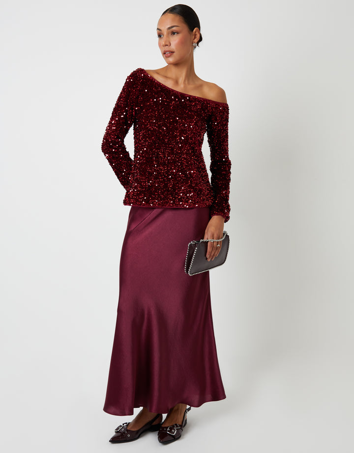 Berry Red Sequin Velour Long Sleeve Slash Neck Top