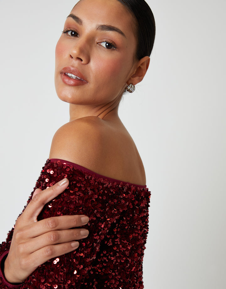 Berry Red Sequin Velour Long Sleeve Slash Neck Top