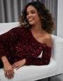 Berry Red Sequin Velour Long Sleeve Slash Neck Top