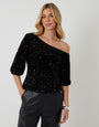 Threadbare Sequin Velour Slash Neck Top in Black - front view