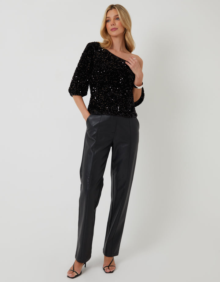 Black Sequin Velour Slash Neck Top