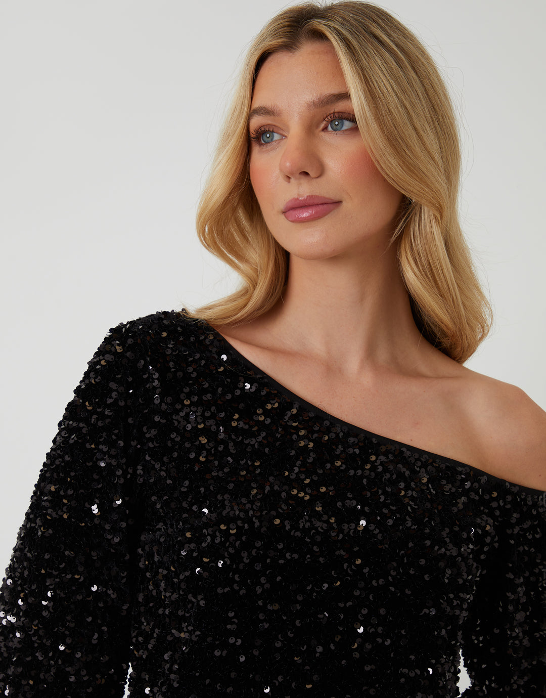 Black Sequin Velour Slash Neck Top