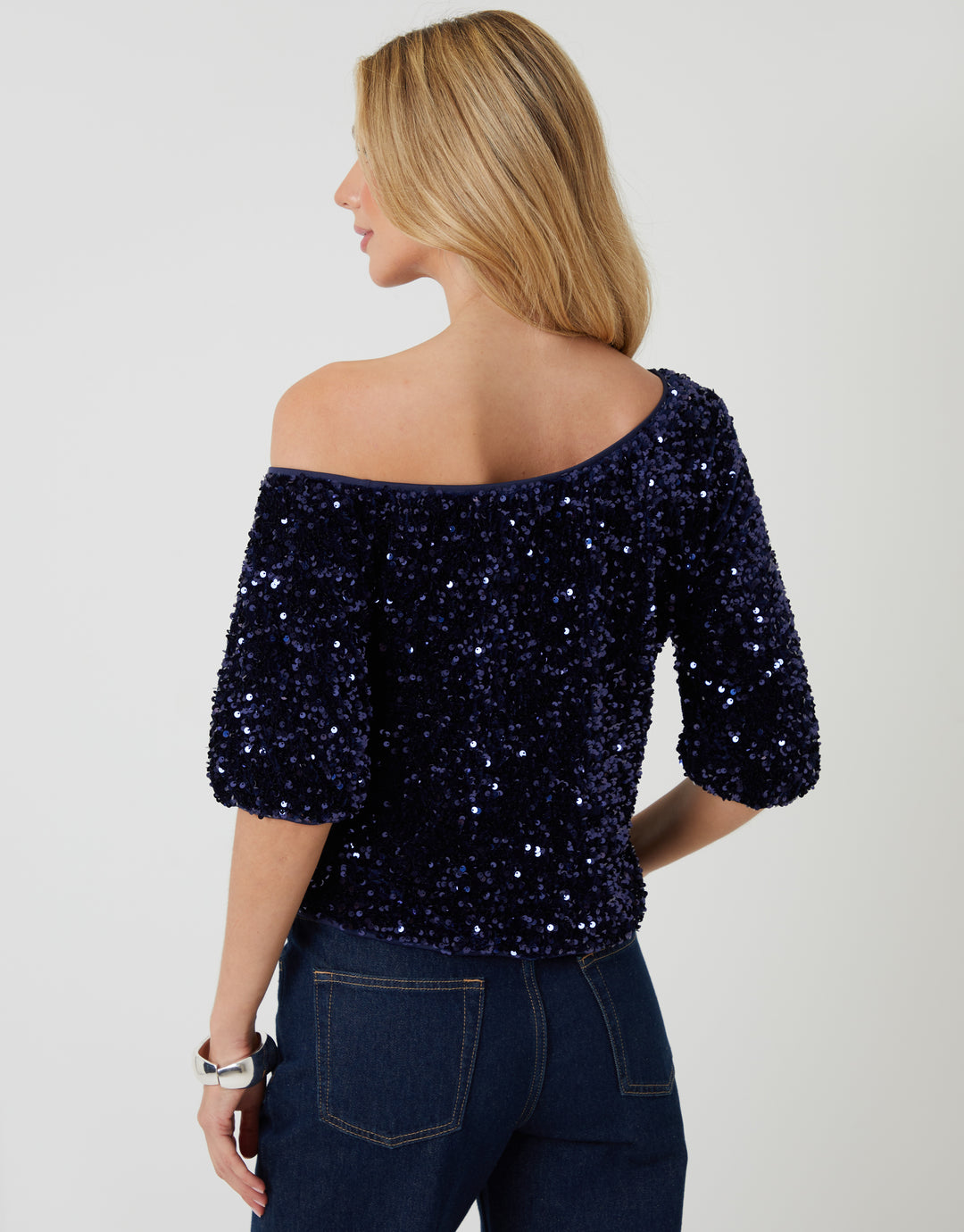 Navy Sequin Velour Slash Neck Top