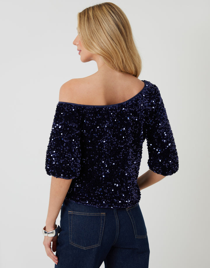 Navy Sequin Velour Slash Neck Top