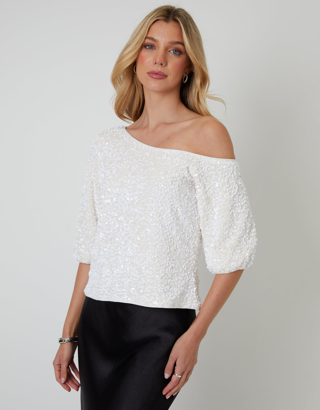 White Sequin Velour Slash Neck Top